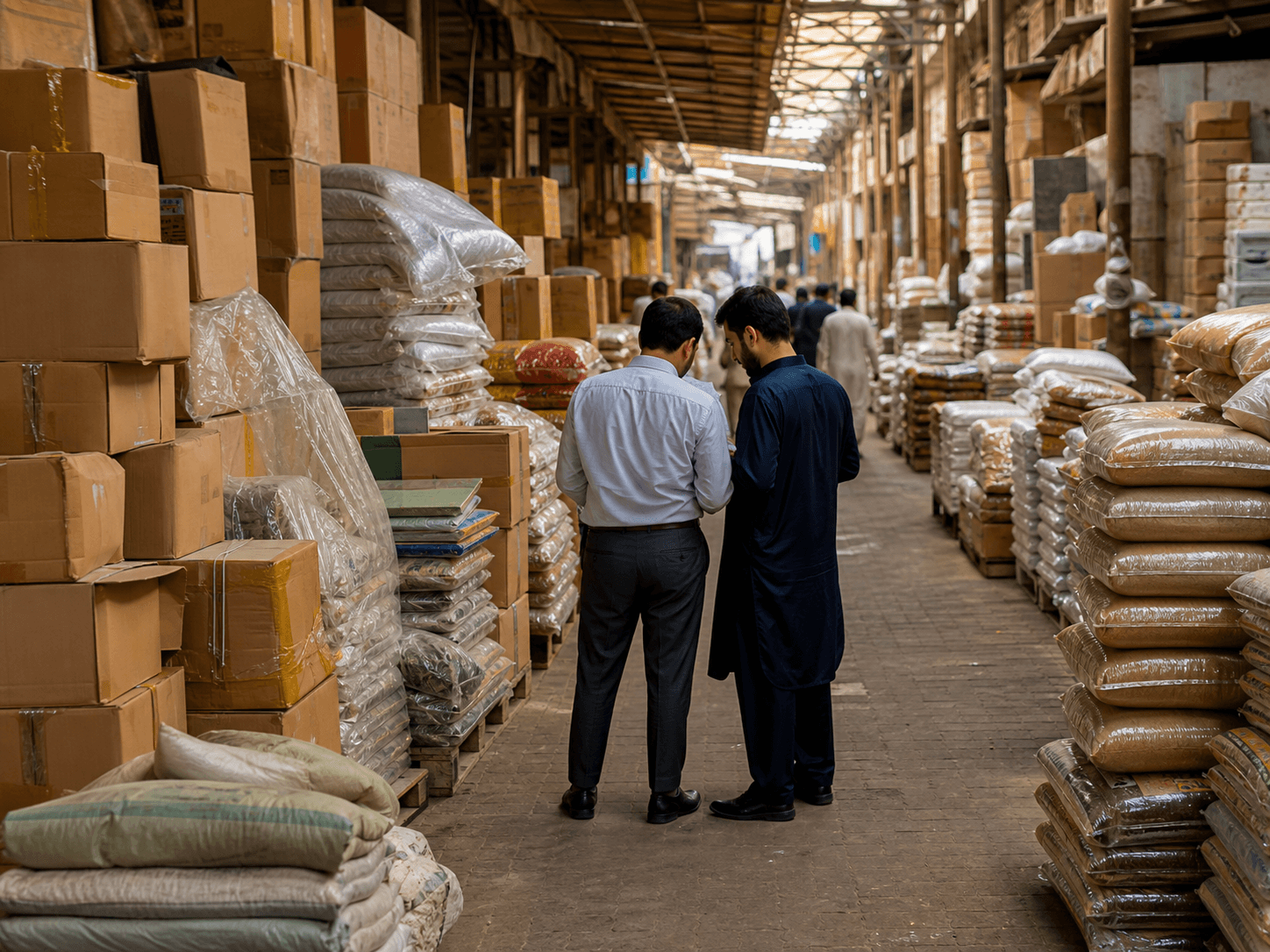 Wholesale supplier market aisle with cartons and sacks stacked for trade